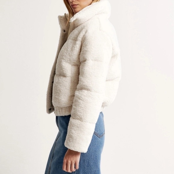 NEW Abercrombie & Fitch Sherpa Ultra Mini Puffer Jacket Bomber XXL Cream NWT - Picture 2 of 10